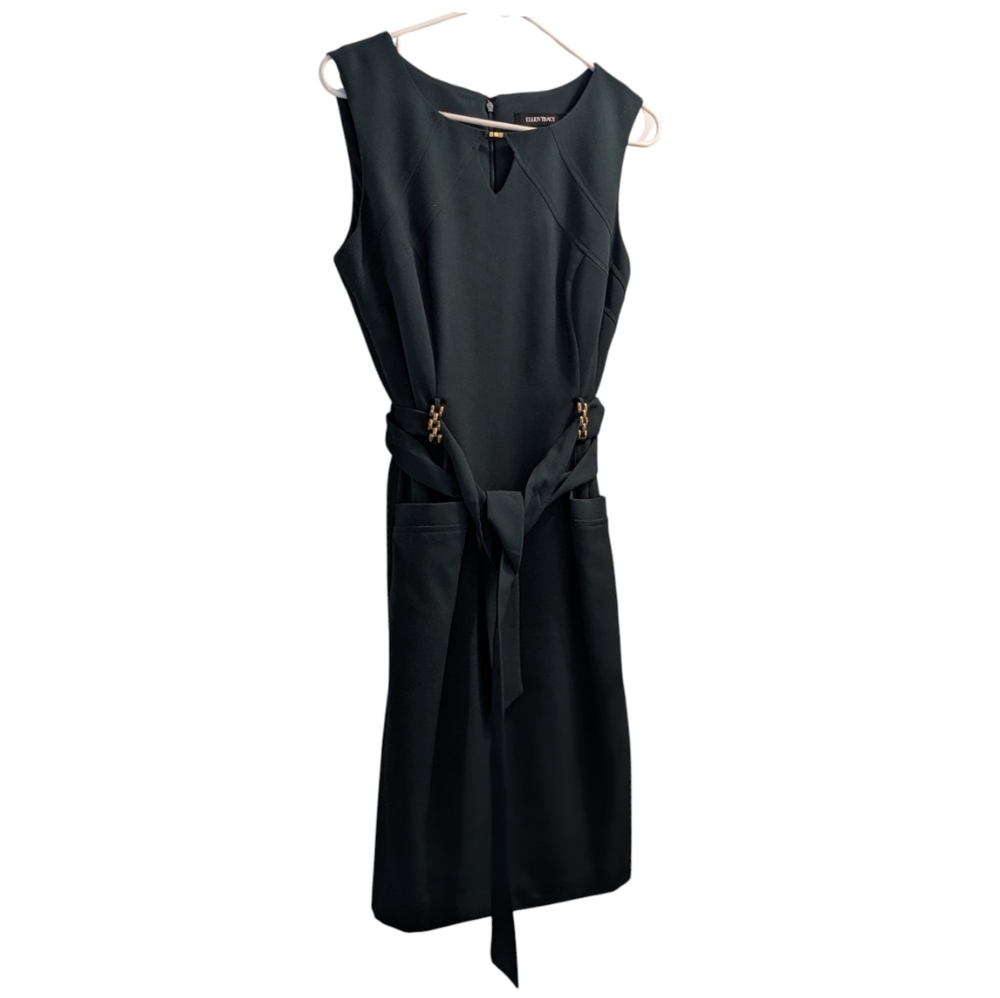 Ellen Tracy Dark Green Sleeveless Midi Dress With Belt And Pockets 8P